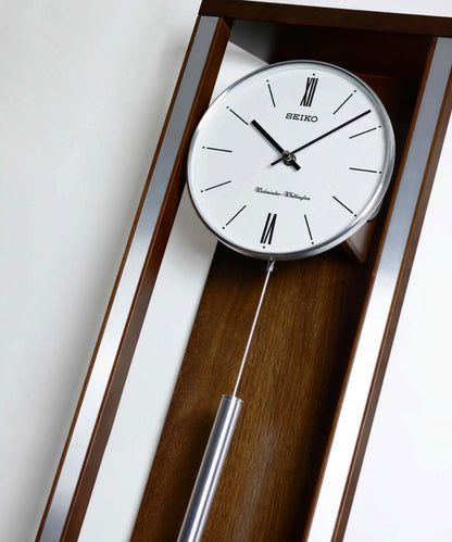 Seiko QXH068BLH chime pendulum wall clock angled view