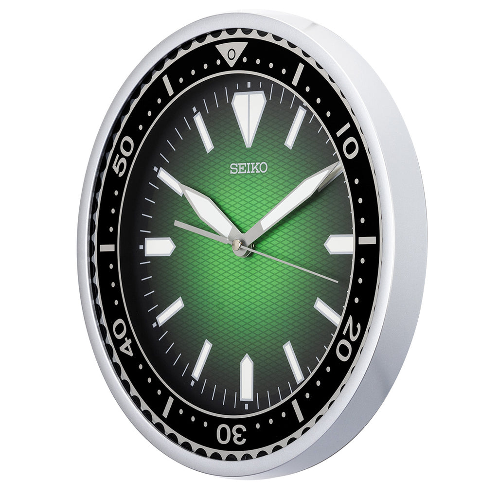 Seiko QXA791SLH green Heritage wall clock angled view