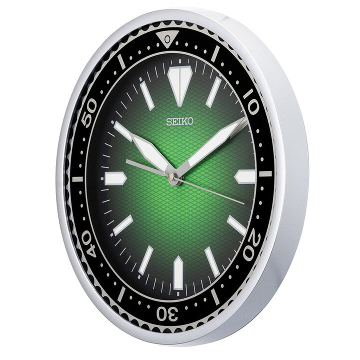 Seiko QXA791SLH green Heritage wall clock angled view