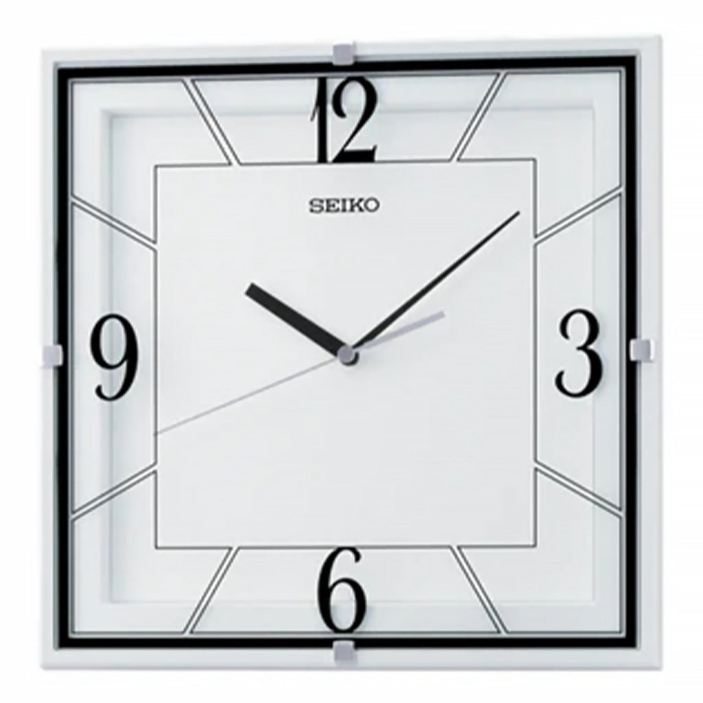 Seiko QXA821WRH white square quiet sweep wall clock front view