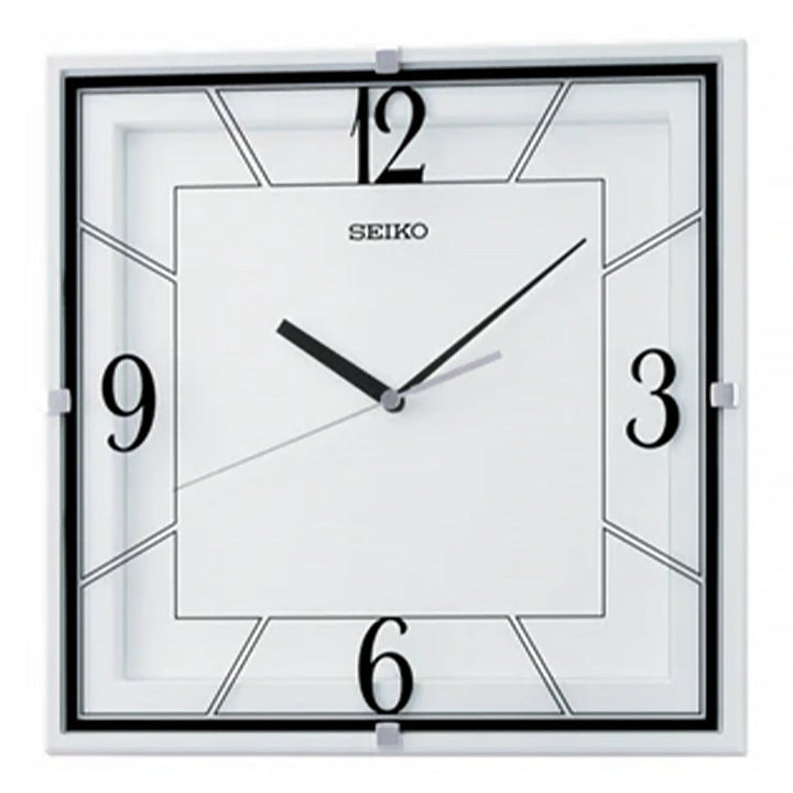 Seiko QXA821WRH white square quiet sweep wall clock front view