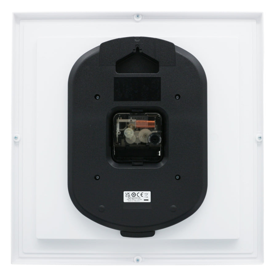 Seiko QXA821WRH wall clock rear view showing quartz movement and battery compartment
