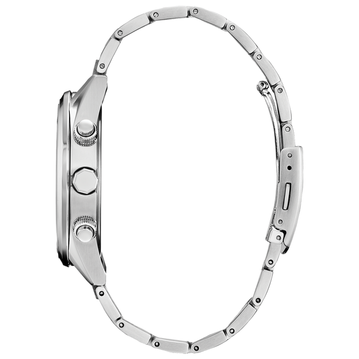 Side profile of the Citizen AT8260-51M case, crown and chronograph pushers