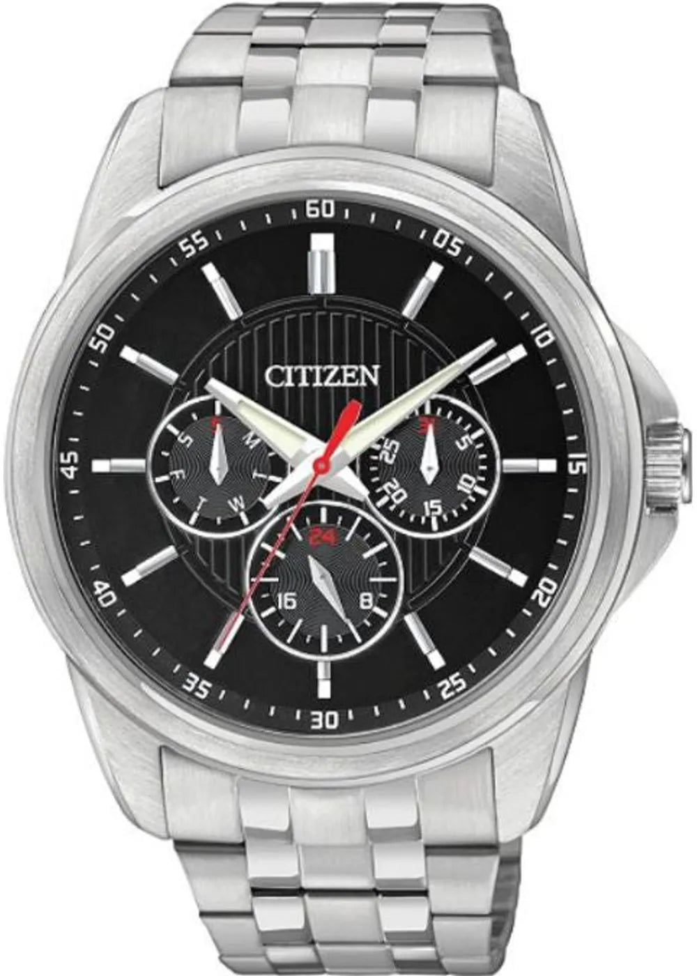 Citizen AG8340-58E black multifunction dial stainless steel watch front view