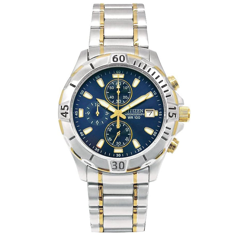 Citizen AN3394-59L blue dial two-tone chronograph watch, front view