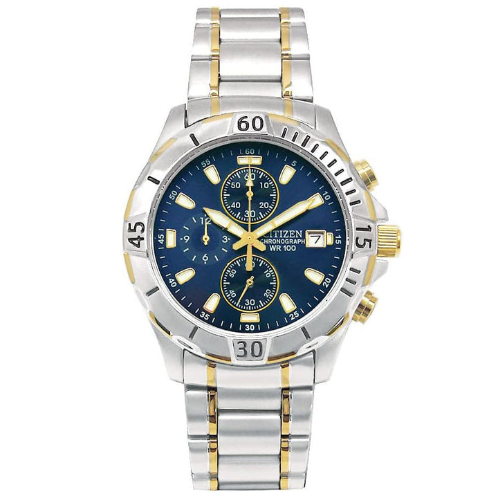 Citizen AN3394-59L blue dial two-tone chronograph watch, front view