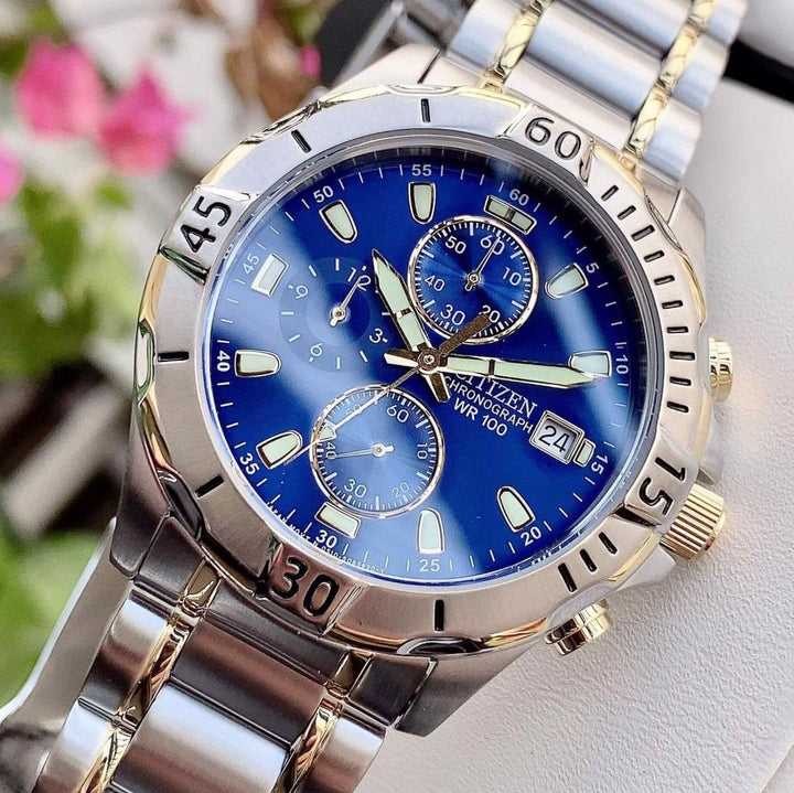 Citizen AN3394-59L two-tone blue dial quartz chronograph lifestyle view