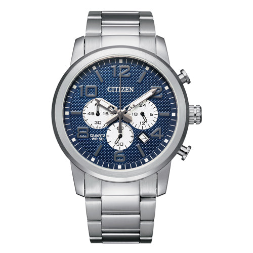 Citizen AN8050-51M blue dial quartz chronograph front view