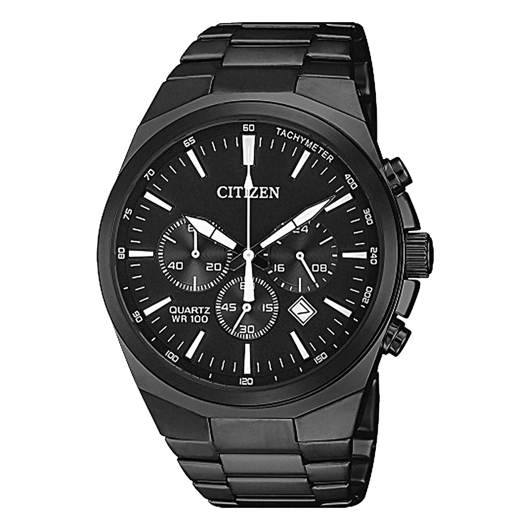 Citizen AN8175-55E black ion-plated chronograph watch, front view