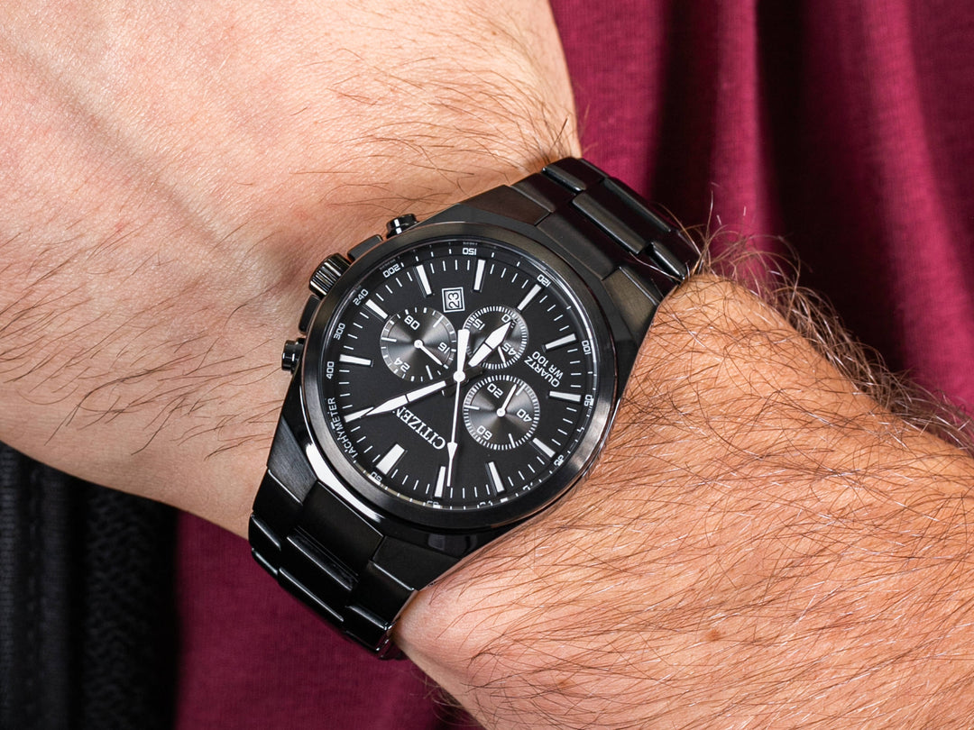 Citizen AN8175-55E black ion-plated chronograph watch, wrist detail