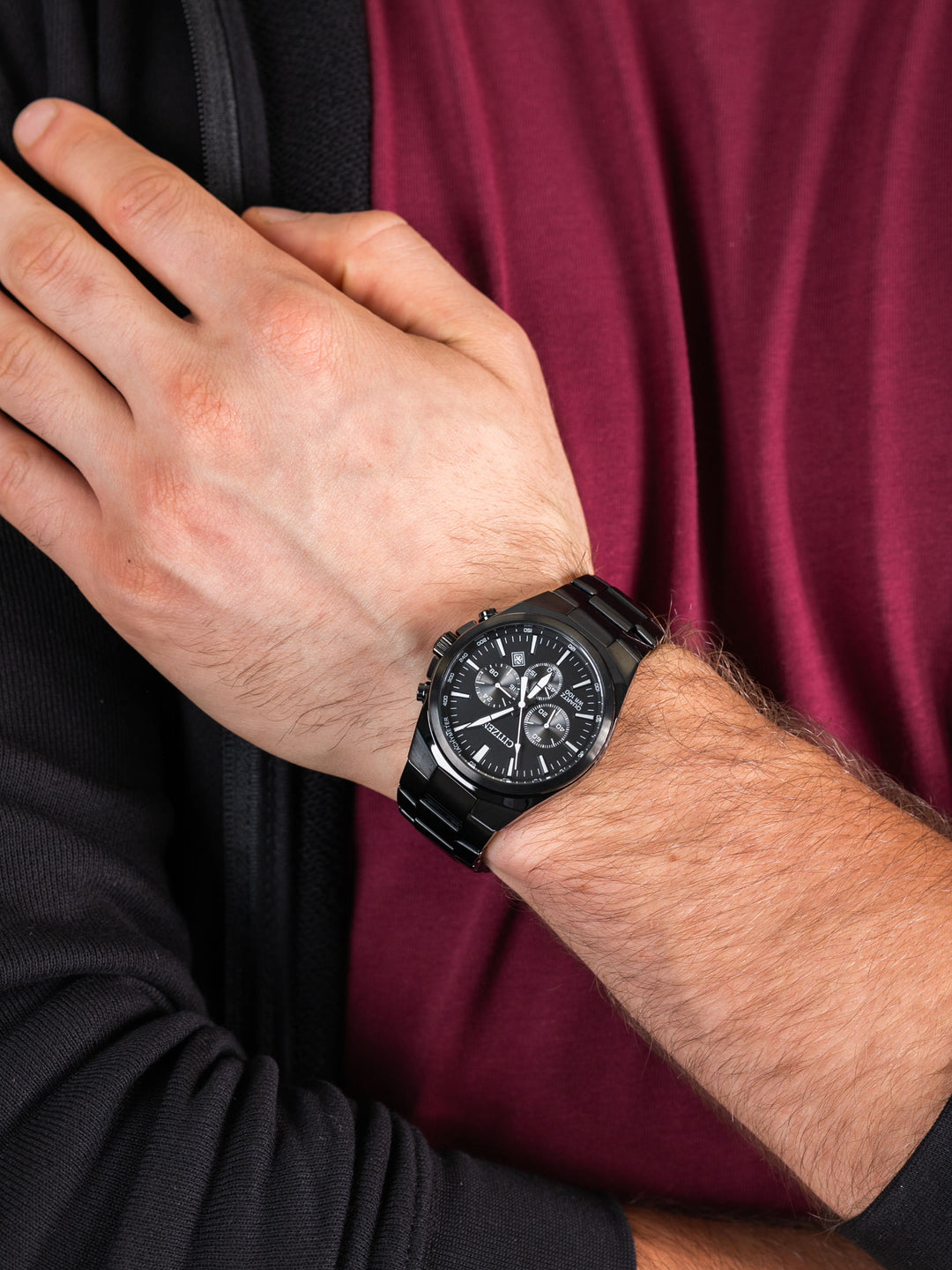 Citizen AN8175-55E black ion-plated chronograph watch, wrist view