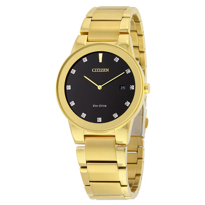 Citizen AU1062-56G Axiom gold-tone watch with black diamond dial, front view