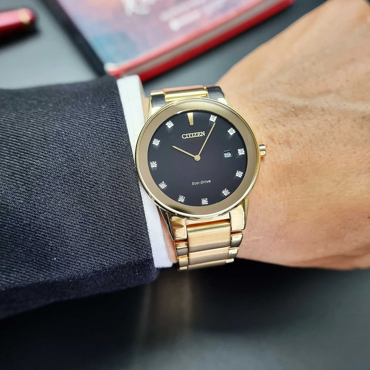 Citizen AU1062-56G Axiom gold-tone watch with black diamond dial, product view 4