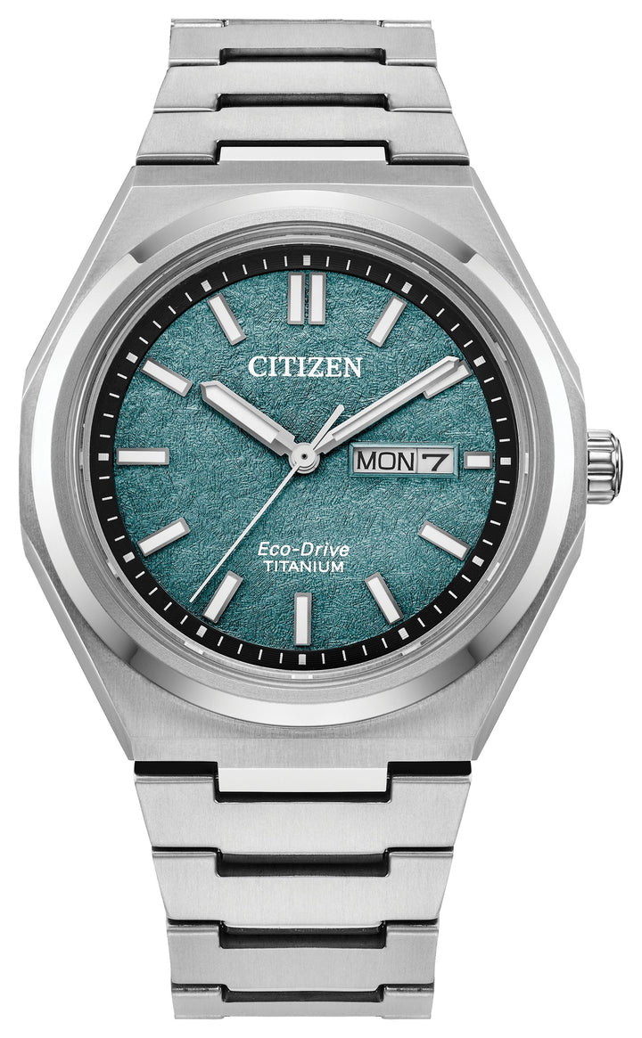 Citizen AW0130-85X Zenshin Eco-Drive green dial Super Titanium watch front view