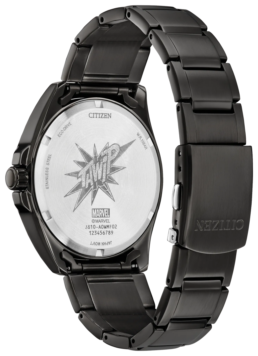 Citizen AW1437-61W Spider-Man Swings gray stainless steel watch angled view