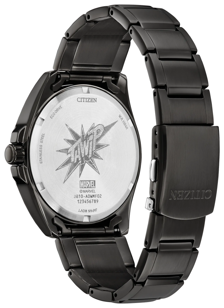 Citizen AW1437-61W Spider-Man Swings gray stainless steel watch angled view
