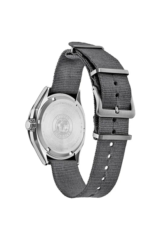 Citizen AW1890-01A Eco-Drive men's watch rear view with stainless steel caseback and gray nylon strap