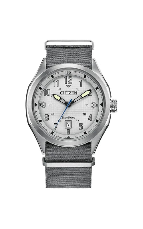 Citizen AW1890-01A Eco-Drive men's watch front view with silver dial and gray nylon strap