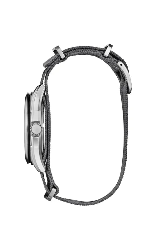 Citizen AW1890-01A Eco-Drive men's watch side profile with stainless steel case and gray nylon strap
