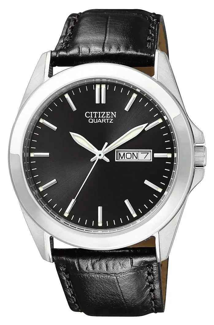 Citizen BF0580-06E quartz day-date watch with black dial and leather strap
