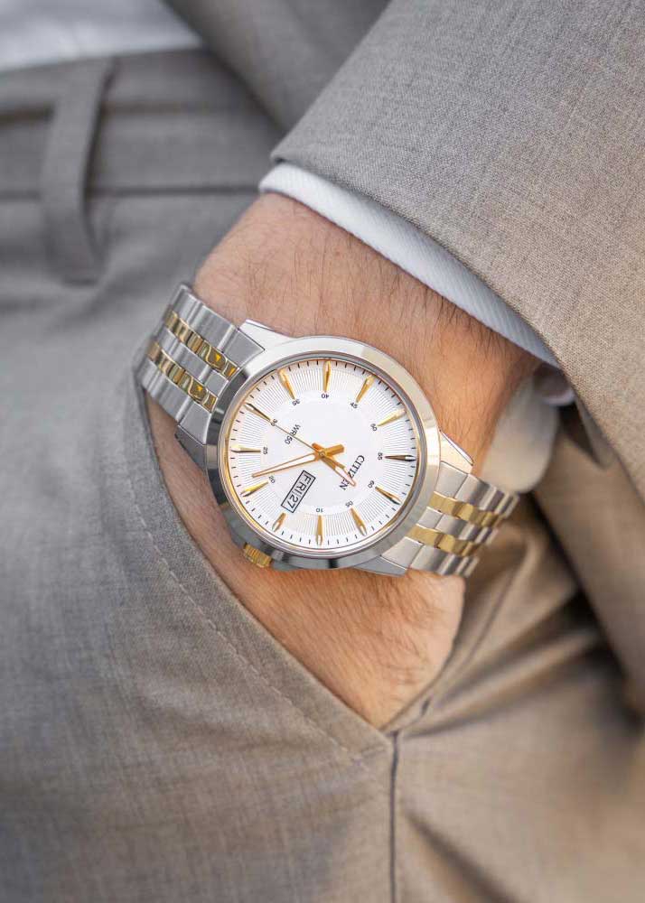 Citizen BF2018-52A two-tone quartz day-date watch lifestyle view