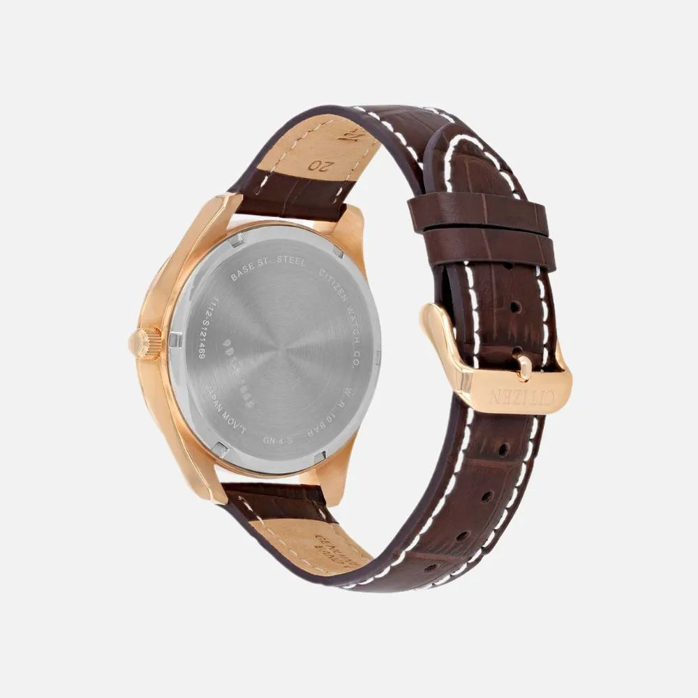 Citizen BI1033-04E quartz watch caseback and brown leather strap