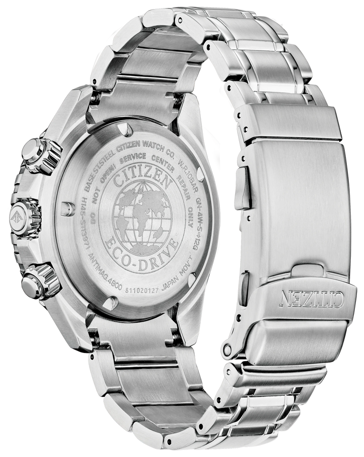 Citizen CA0710-58L Promaster Dive Eco-Drive chronograph caseback and bracelet