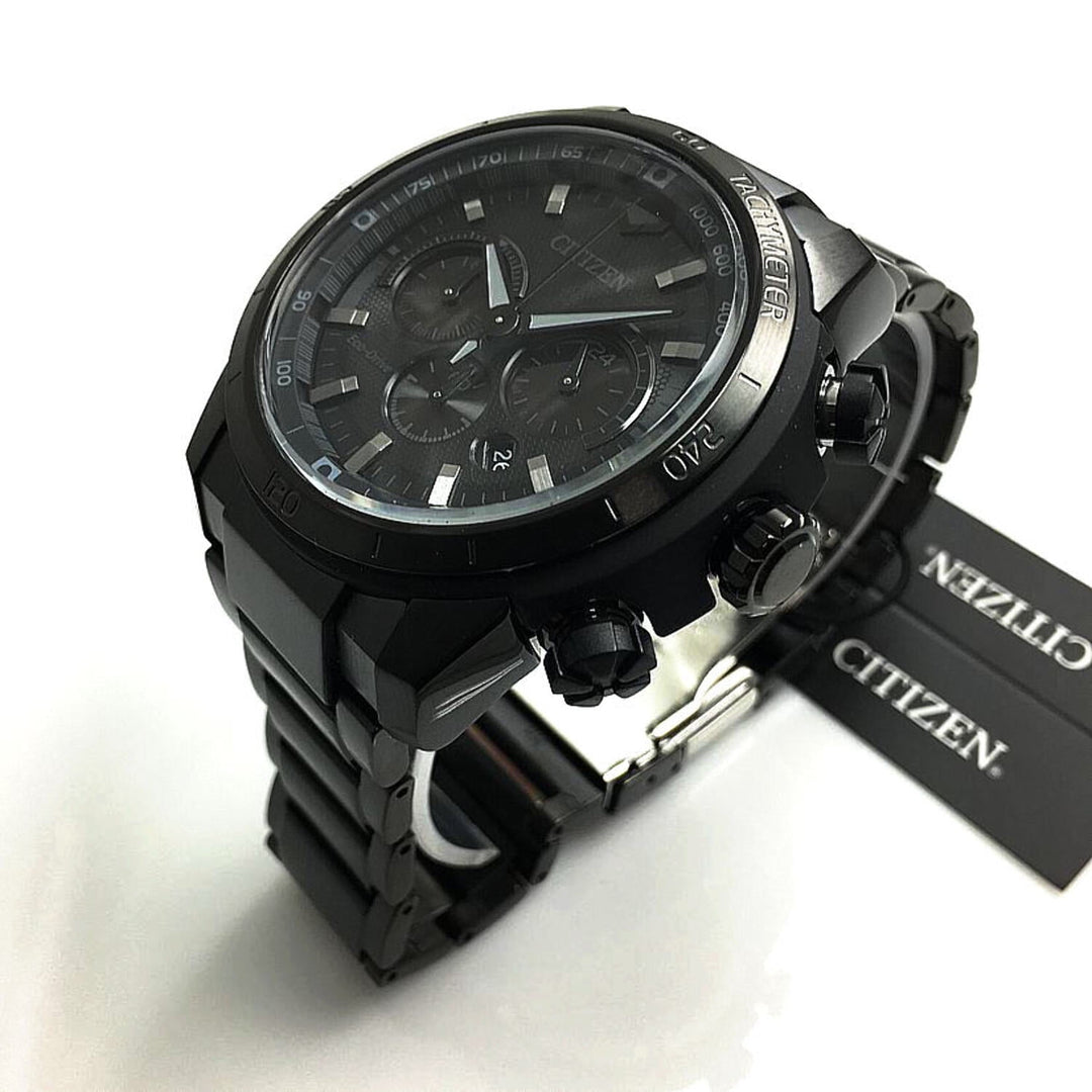 Citizen CA4184-81E black Eco-Drive chronograph angled dial view