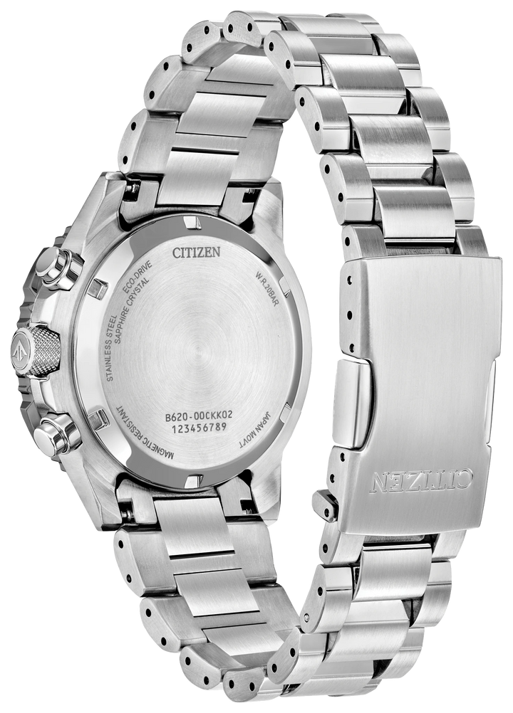 Citizen CA4664-60W Promaster Sky Eco-Drive chronograph caseback and bracelet