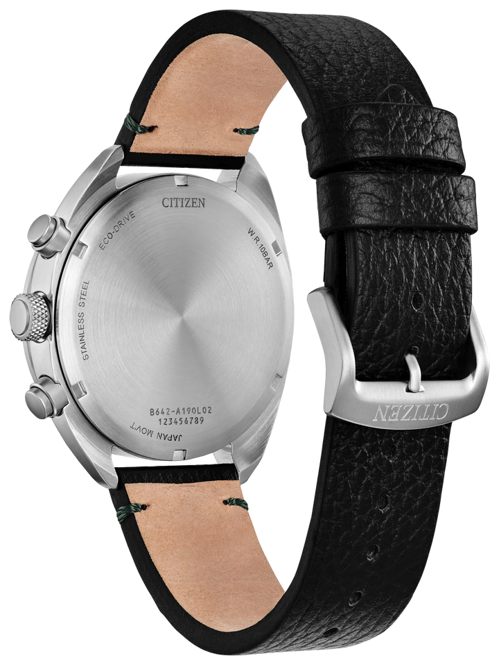 Citizen CA7041-07X Eco-Drive chronograph caseback and leather strap