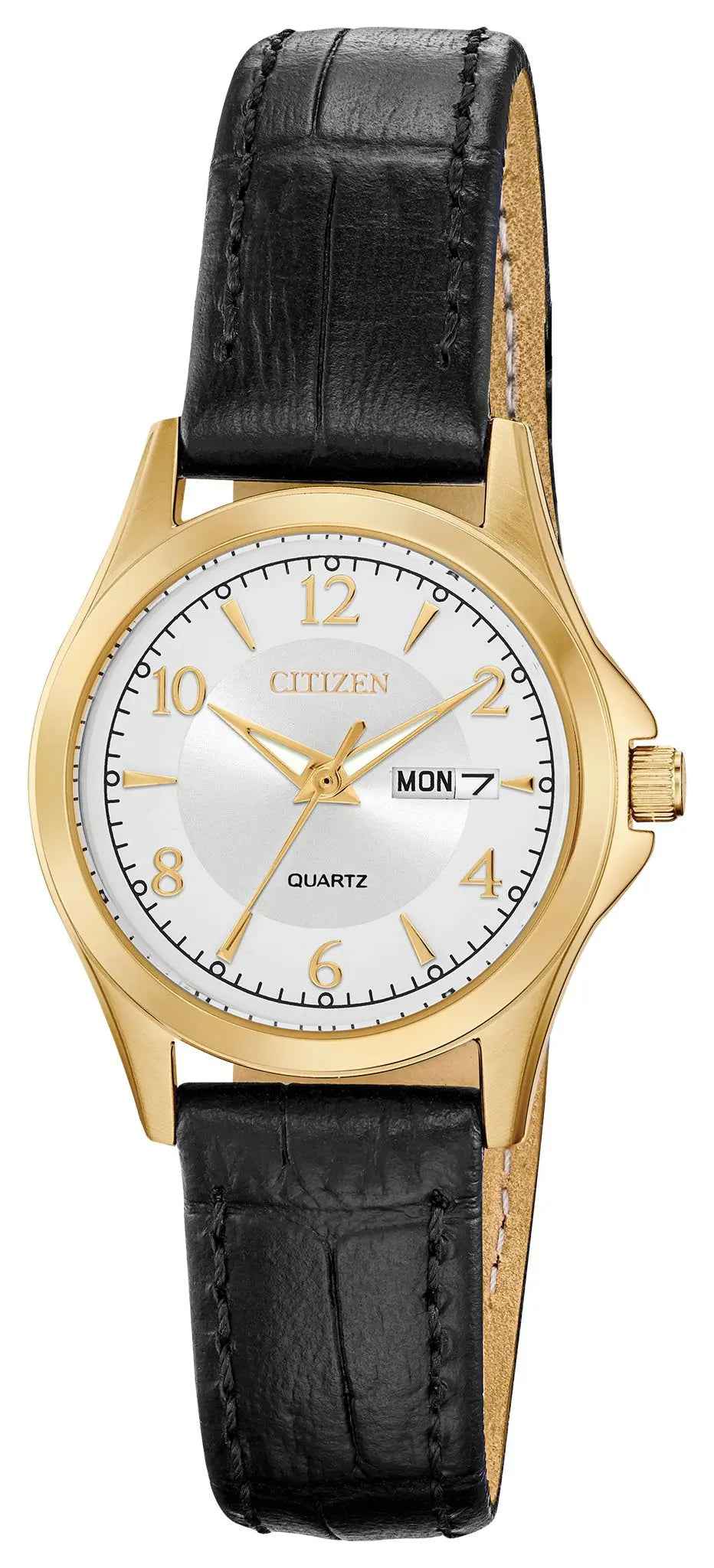 Citizen EQ0593-26A women's quartz watch with black leather strap