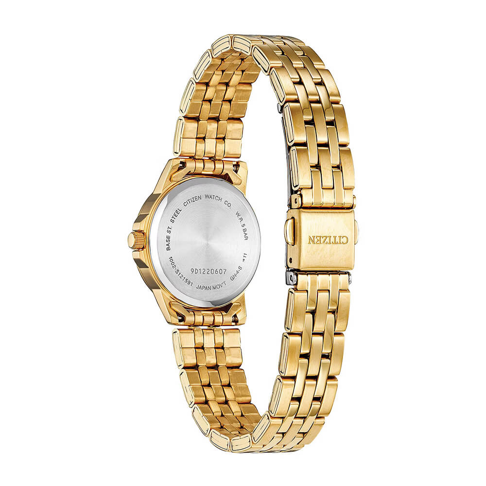 Citizen EQ0603-59F quartz watch caseback and gold-tone bracelet