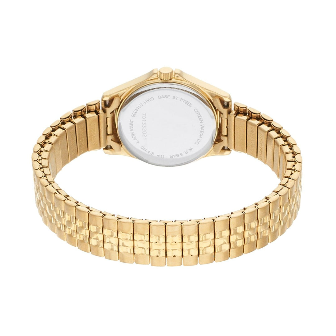 Citizen EQ2002-91P gold-tone expansion bracelet and caseback view