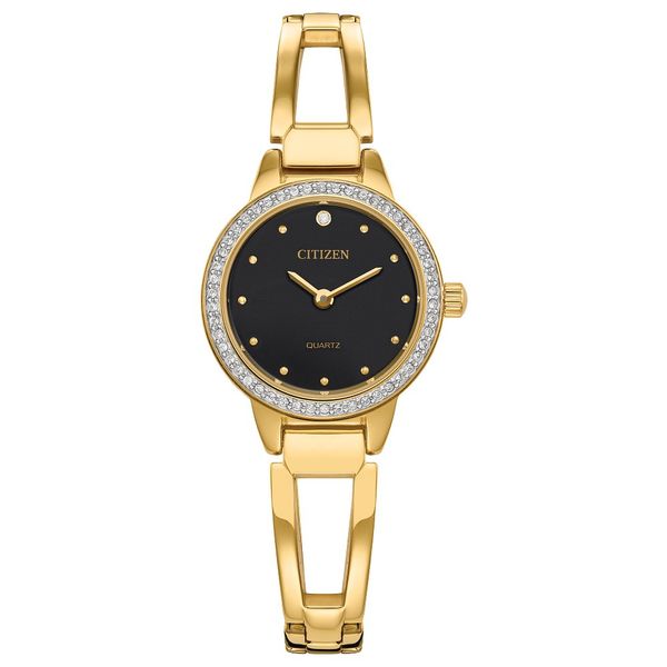 Citizen EZ7012-85E quartz gold-tone bangle watch with black dial front view