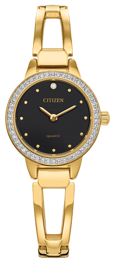 Citizen EZ7012-85E quartz gold-tone bangle watch with black dial front view