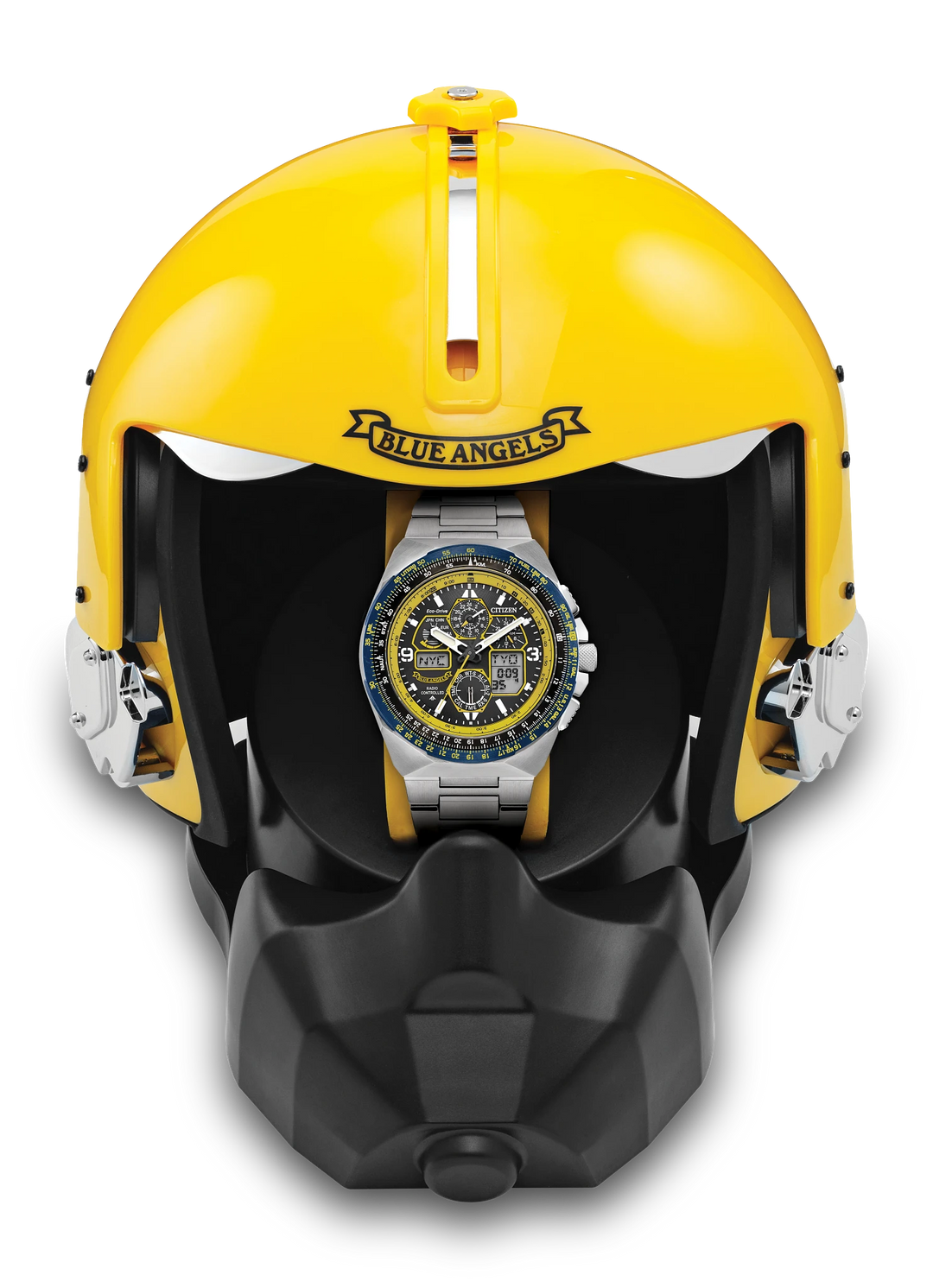 Citizen Promaster Skyhawk A-T JY8125-54L displayed inside its yellow Blue Angels helmet presentation case
