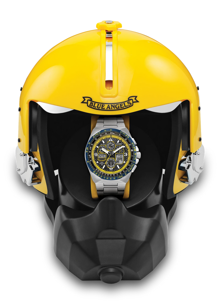 Citizen Promaster Skyhawk A-T JY8125-54L displayed inside its yellow Blue Angels helmet presentation case