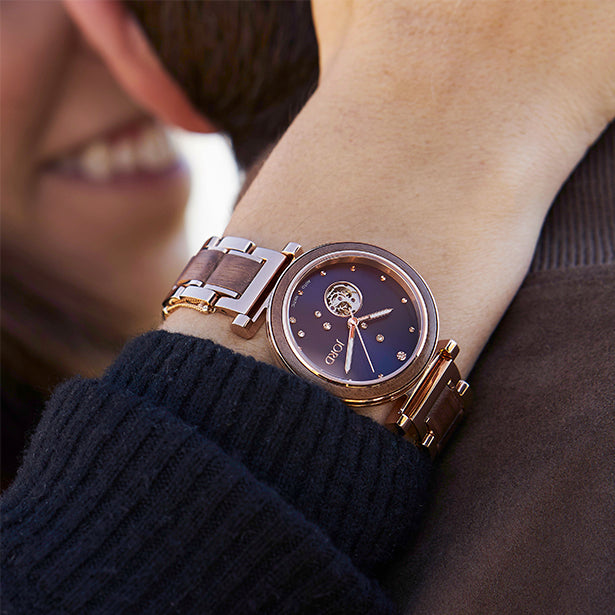 JORD Cora Polaris Walnut and Midnight Blue automatic women's watch front view
