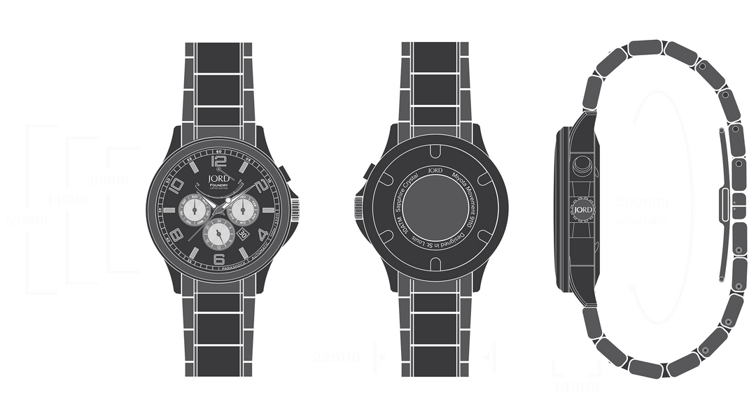 JORD Foundry 44 mm specifications diagram