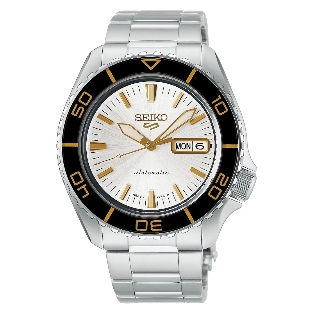 Seiko HDB004 42.5mm Seiko 5 Sports SKX automatic with white dial, black bezel and gold-tone details, front view