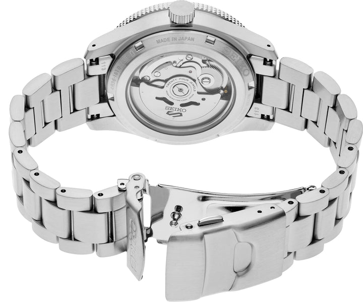 Seiko HDB006 exhibition caseback showing the automatic movement, stainless steel bracelet and folding clasp