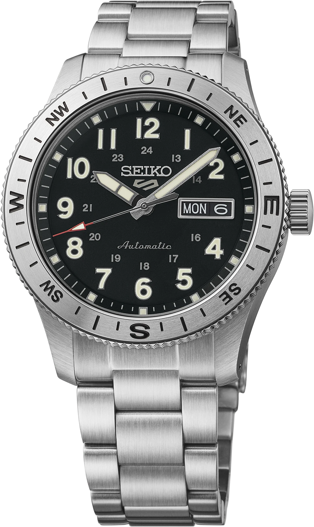 Seiko HDB006 41 mm black dial automatic field watch with stainless steel bracelet, front view
