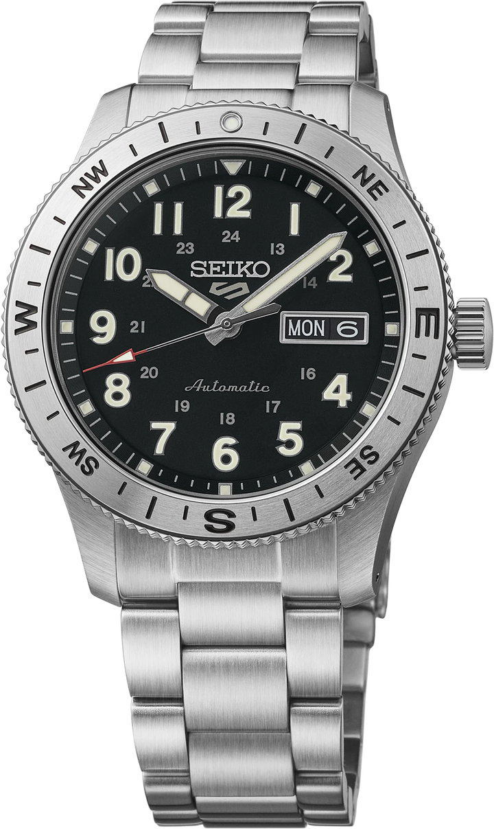 Seiko HDB006 41 mm black dial automatic field watch with stainless steel bracelet, front view