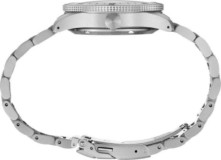 Seiko HDB006 side profile showing the steel case, crown, rotating compass bezel and bracelet
