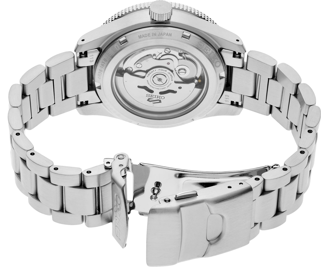 Seiko HDB007 exhibition caseback showing the automatic movement, stainless steel bracelet and folding clasp