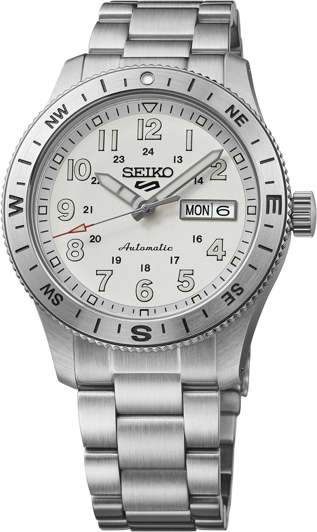 Seiko HDB007 41 mm white dial automatic field watch with stainless steel bracelet, front view