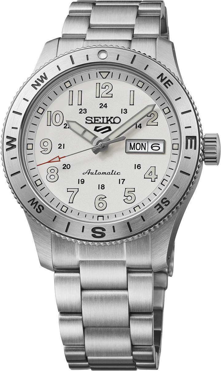 Seiko HDB007 41 mm white dial automatic field watch with stainless steel bracelet, front view