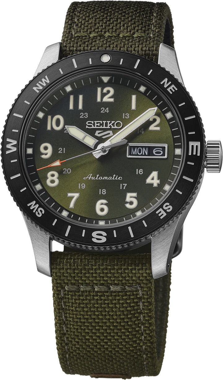 Seiko HDB008 41 mm green dial automatic field watch with khaki nylon strap and black compass bezel, front view