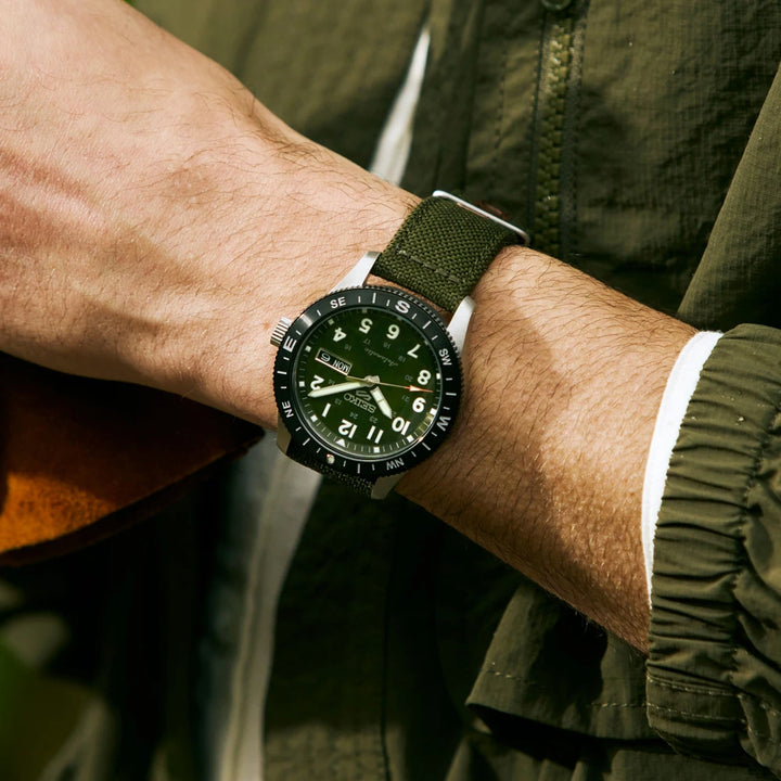Seiko HDB008 on-wrist view of green dial and nylon strap