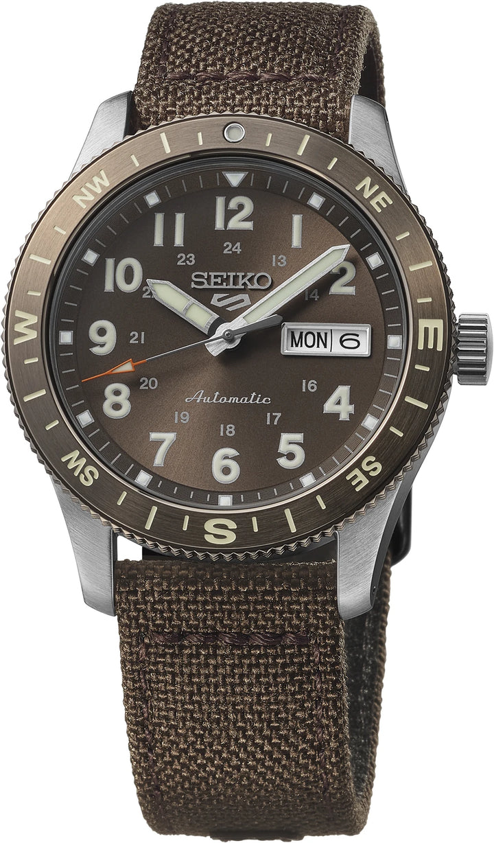 Seiko HDB009 41 mm brown dial automatic field watch with brown nylon strap and compass bezel, front view